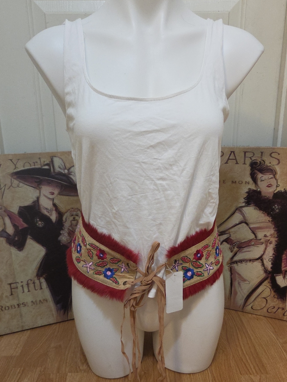 Boho Embroidered Red Floral Belt - Rabbit Fur Trim